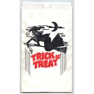 Trick Or Treat Halloween Candy Goodie Bag Flying Witch On Broom Crescent Moon